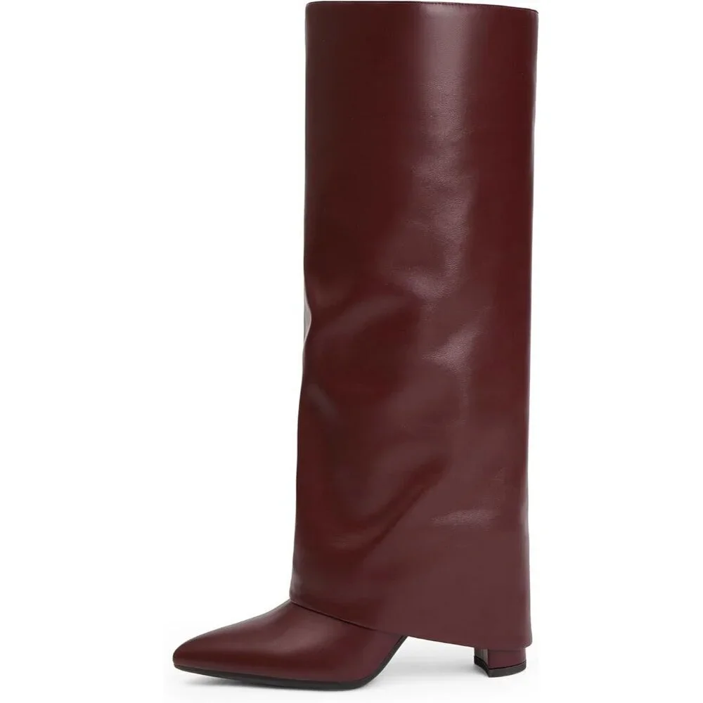 Women Burgundy Pu Faux Leather Fold Over Knee High Chunky High Heels Long Boot